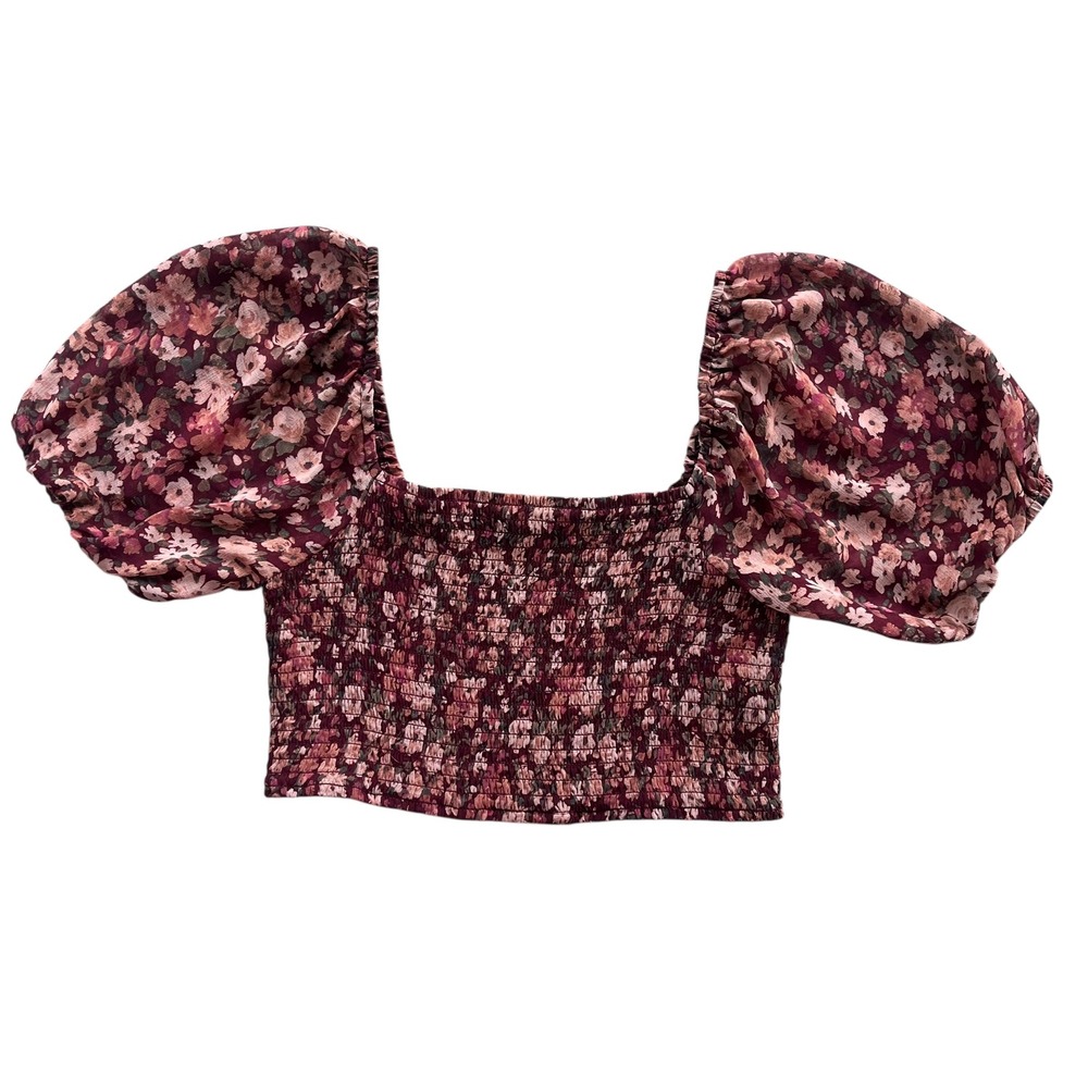 Altar'd State Women's M Maroon Floral Smocked Short Puff Sleeve Crop Blouse Boho